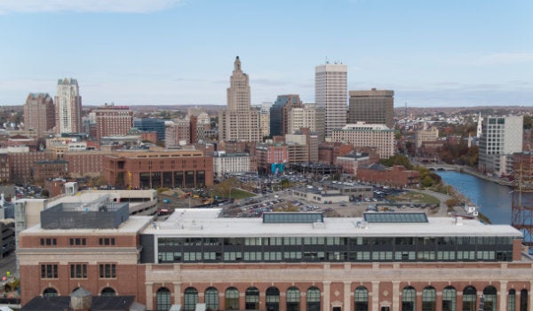 A drone shot of the Providence skyline