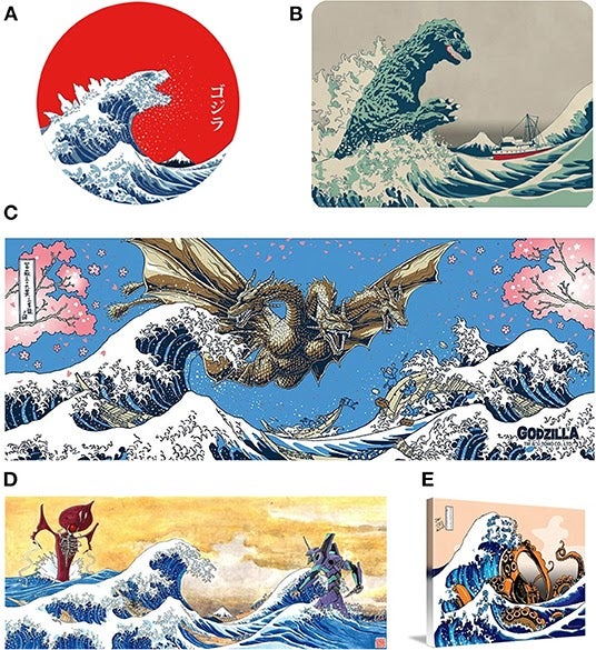 Figure 6 from "Tracking Memes in the Wild" showing variations on the Great Wave of Kanagawa.