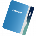 A graphic showing a passport with a travel visa