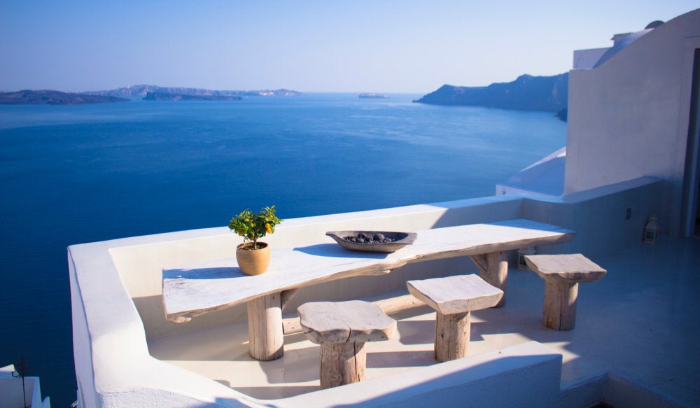 A balcony overlooking the Mediterranean on a Greek Island