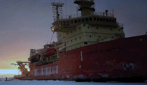 A research vessel lodged in ice in the Ross Sea near Antartica