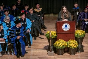 Grace Kiernan '23, President of the Student Senate, addresses the inaugural audience