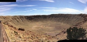 A panorama of Meteor Crater from the  north side balcony outside of the museum (taken by Trish Whipple in March, 2014)