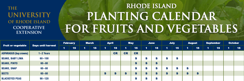 Calendar detailing ideal planting dates for various crops in Rhode Island.