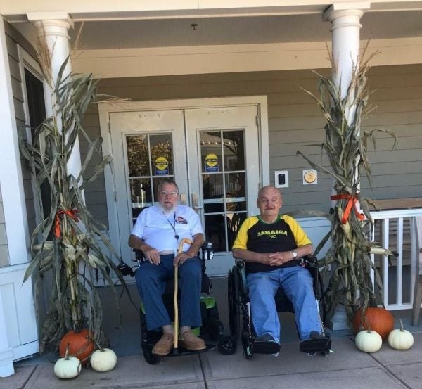 RI Veterans Home residents Bill and Al, enjoying one of the six patios maintained by MGs.