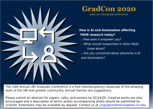 Generic flyer for GradCon2020. Image shows the conference date, April 11, and requests authors email their abstracts in early Feb.