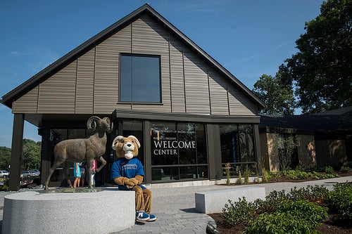 Rhody the Ram in front of the Welcome Center.