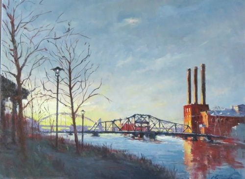 Painting of the Providence River with a bridge crossing it, a power plant to the right and leaf-less trees on the left. The sky is mostly cloudy.