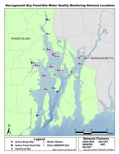 This map shows the 19 Narragansett Bay Fixed-Site Water Quality Monitoring Network Locations, spread throughout the Bay.