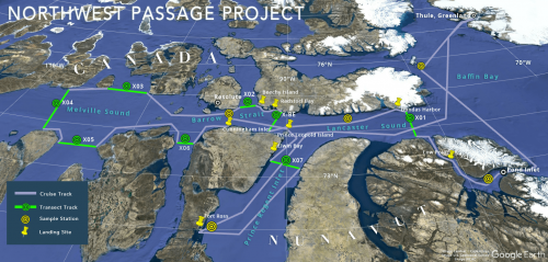 Map of the route of the Icebreaker Oden for the Northwest Passage Project.