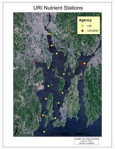 A map showing the locations of 16 Nutrient Sampling Stations in Narragansett Bay.