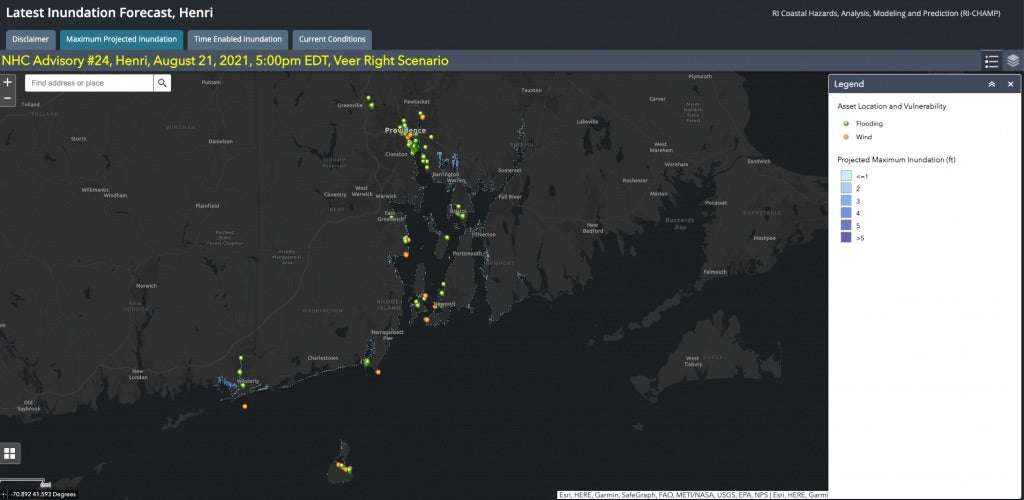 Digital map of Rhode Island with colored dots marking flood and wind vulnerable areas.