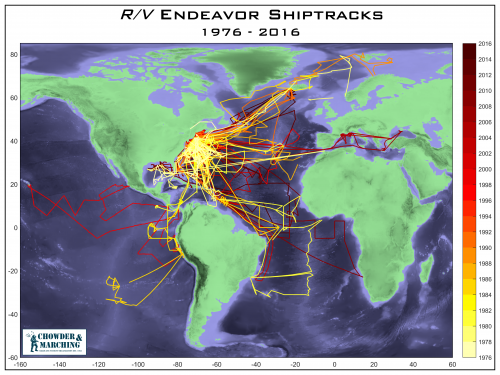 Map of R/V Endeavor shiptracks, 1976-2016