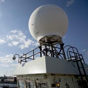 satellite dome on top of ship's bridge