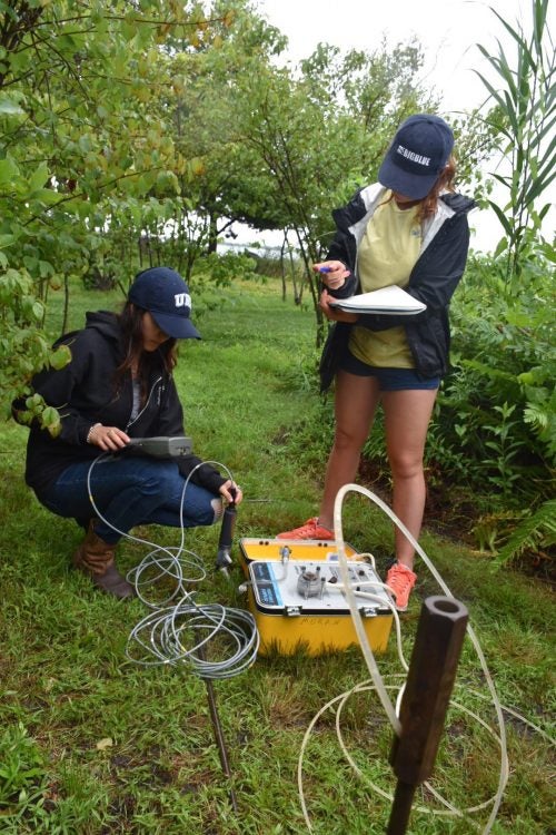 URI undergraduate students Kayly Pelagalli and Samantha Hicks sample groundwater.
