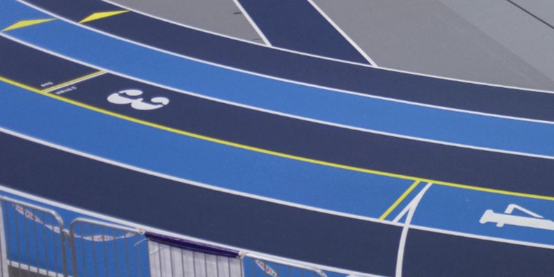 A close-up of the track in Mackal Field House